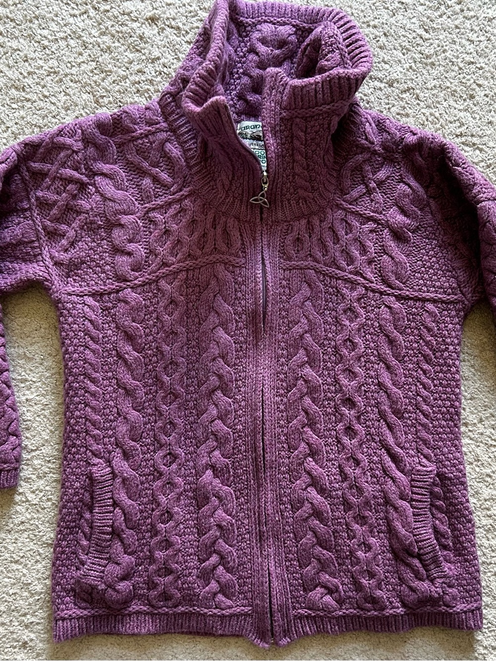 Aran Craft Wool Women’s Cable Knit Full-Zip Sweater Jacket - Mauve Purple Small